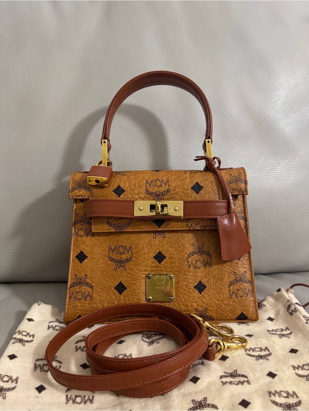 MCM Brown Kelly Cognac Top Handle Satchel with Gold Hardware ( made in Germany)